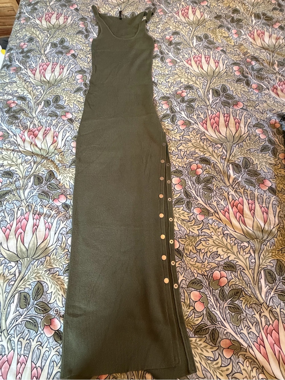 Sleeveless Olive Green Maxi Dress with Side Button Detail